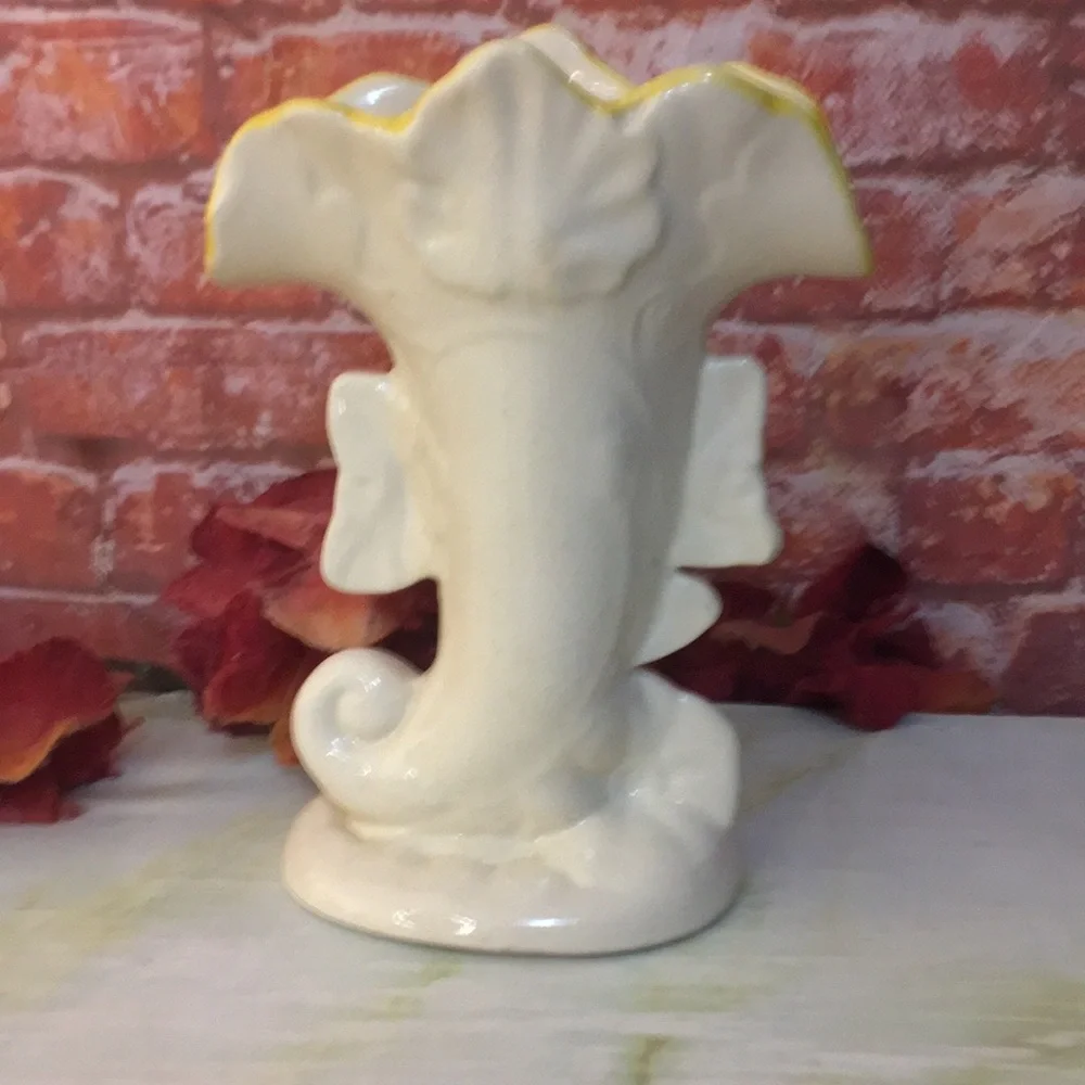 Vintage MCM White Ceramic Floral Fan Vase
